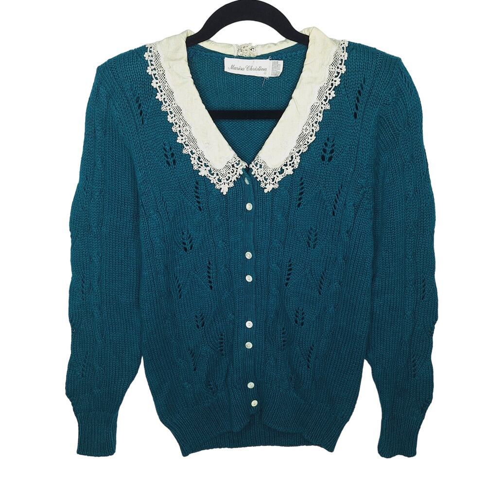 Vintage Marisa Christina Emerald Cardigan Sweater Christmas Cottage Lace Collar